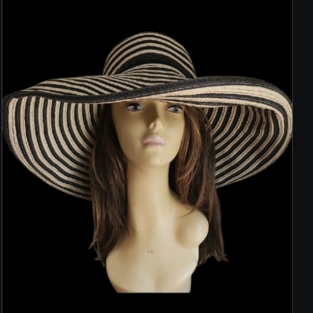 Cream Black Large San Diego Hat 7 Inch Brim Pool Vacation